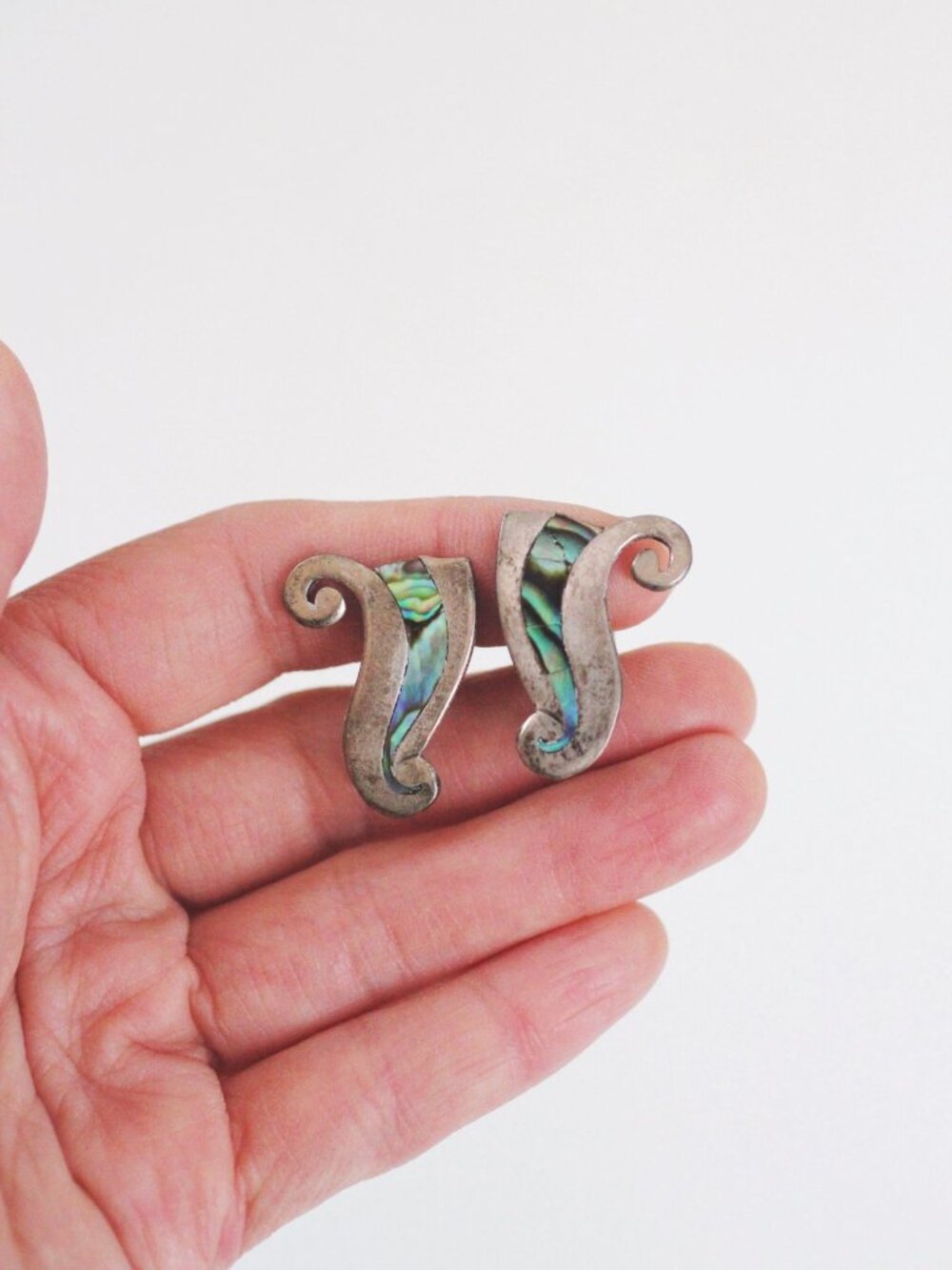 Vintage Sterling Silver Abalone Earrings Taxco Mexican Modernist Swirl Screw Bac